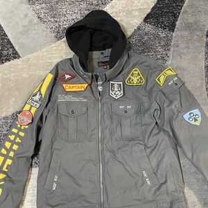 Game Theory Star-Ace Jacket Mens XL Gray Quest Pilot Hoodie Vol 3 Canvas Patches